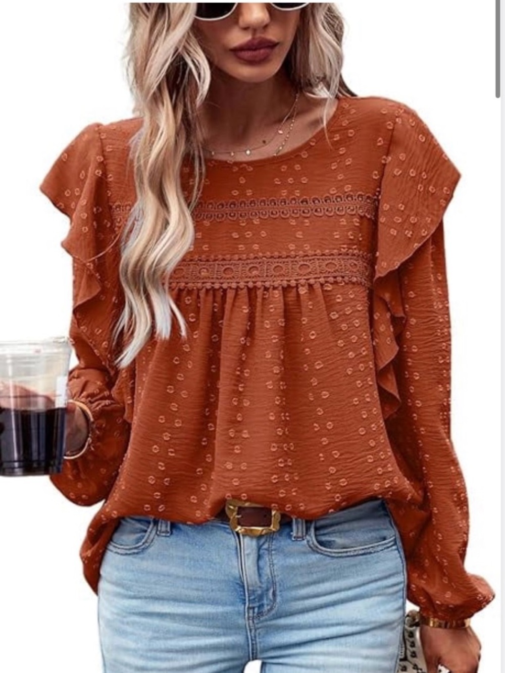 Amazon Fashion Rust Orange Textured Dot Lace Ruffle Long-Sleeve Top Medium